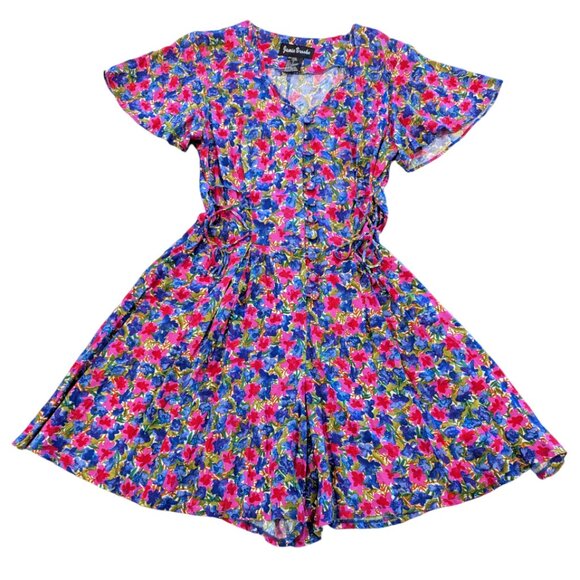 VINTAGE Nwt Floral Romper L Button Front Lace-Up Sides Flutter Sleeves Tie Back - Picture 1 of 13